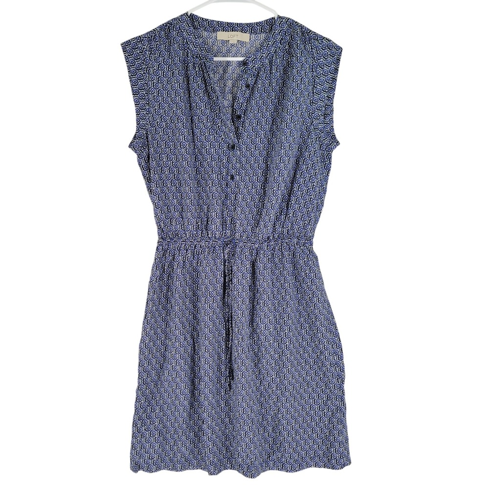 LOFT Sleeveless Dress Women Size S Blue Geometric Print‎ Rayon Coastal Beach